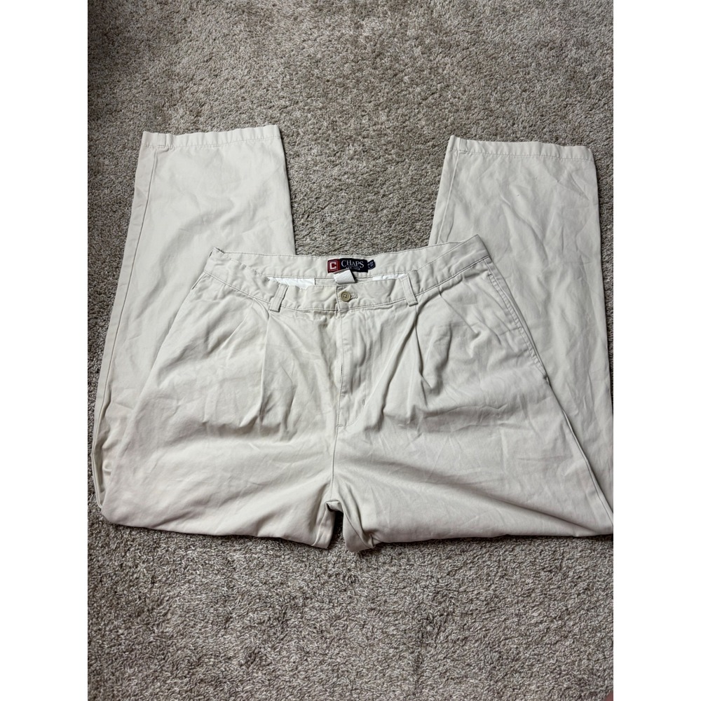 Chaps Mens Pleated Chino Pants 34x30 Beige Cotton Twill Straight Leg Trousers